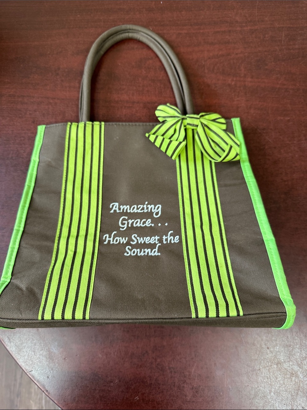 ##750, NWOT Brown Tote Bag with Lime Green Stripe and Bow